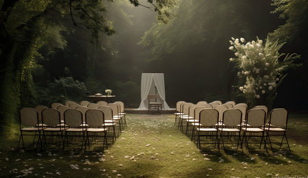 Wedding Ceremony in the forest with arch and chairs.の素材