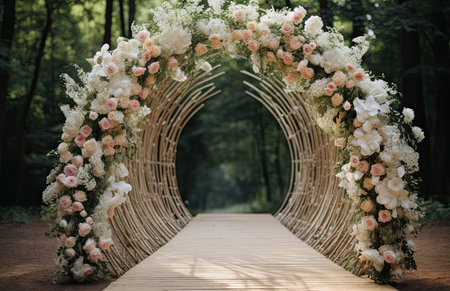 Wedding arch with white and pink flowers in a forest.の素材