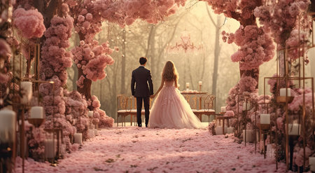 Wedding couple in the park with pink cherry blossoms.の素材
