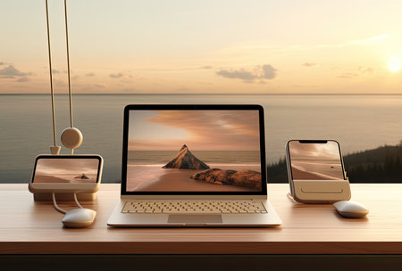 laptop computer and mobile phone on wooden table with sunset sky backgroundの素材