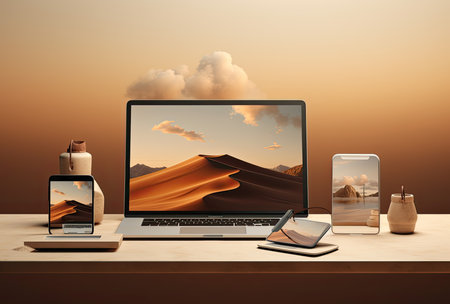 digital generated image of a laptop on a desk in front of a desert backgroundの素材