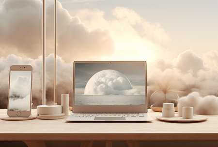 digital composite of Laptop and mobile phone on table with sky backgroundの素材