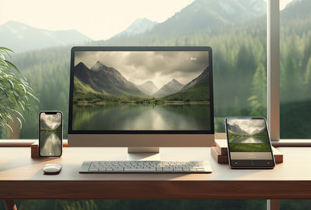 Modern workplace with computer, mobile phone and coffee cup on wooden table in front of mountain landscape. 3D Renderingの素材