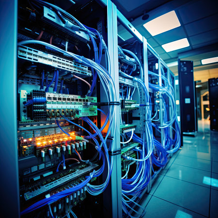 server with fiber optic  cables in a data center. technology backgroundの素材