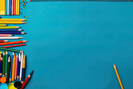 School supplies on blue background. Back to school concept. Copy space.の素材