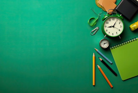 School supplies and alarm clock on green background. Back to school concept.の素材