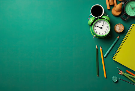 School supplies and alarm clock on green background. Back to school conceptの素材