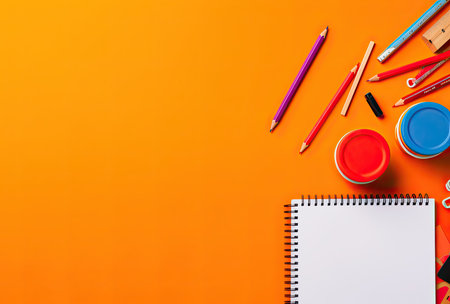 School supplies on orange background with copy space. Back to school concept.の素材