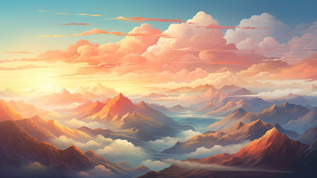 Fantasy landscape with mountains and clouds at sunset. 3d illustrationの素材