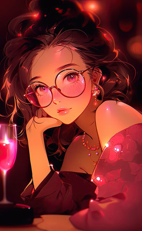 Beautiful young woman with glasses and a glass of red wine.の素材