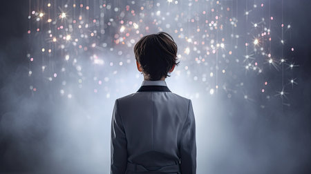 Rear view of businessman looking at fireworks exploding in night sky conceptの素材