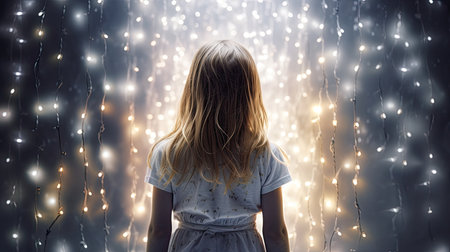 Back view of little girl standing in dark room with garland lightsの素材