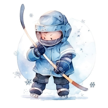 Watercolor illustration of a little boy playing ice hockey on the iceの素材