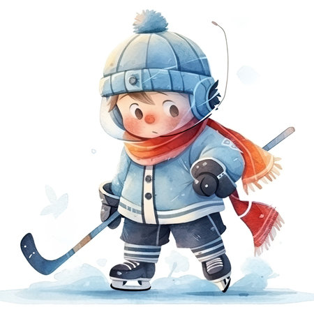 Watercolor illustration of a boy playing ice hockey with a stick.の素材