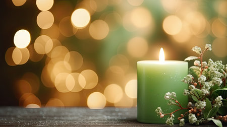 Burning candle and flowers on wooden table against bokeh backgroundの素材