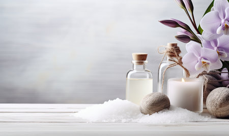 Spa still life with sea salt and orchid flowers on wooden backgroundの素材