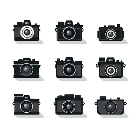 Set of black camera icons in flat style isolated on white background. Vector illustration.の素材
