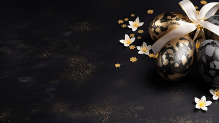 Easter background with golden eggs and flowers on a black background.の素材