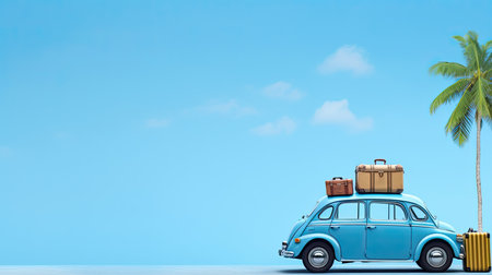 Vintage car with suitcases on the road. 3D renderingの素材