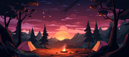Night forest landscape with bonfire and tent. Cartoon vector illustration.の素材