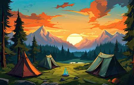 Camping in the mountains at sunset. Vector illustration for your designの素材