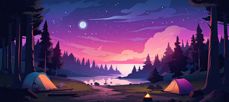 Camping on the shore of the lake at night. Vector illustrationの素材