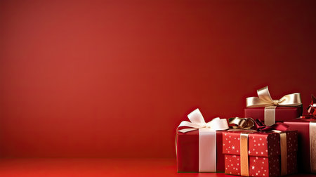 Gift boxes on red background with copy space for your text.の素材