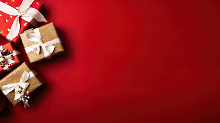 Christmas gift boxes on red background. Top view with copy space.の素材