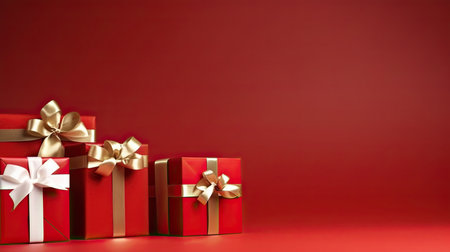 Red gift boxes with golden bows on a red background. 3d renderingの素材