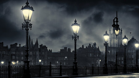 Lanterns in a foggy night in Edinburgh, Scotlandの素材