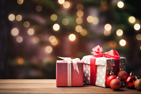 Gift boxes and christmas balls on wooden table with bokeh backgroundの素材
