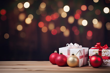 Christmas gift boxes with red and gold decorations on wooden table over bokeh backgroundの素材