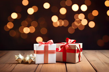 Gift boxes with christmas decoration on wooden table with bokeh backgroundの素材