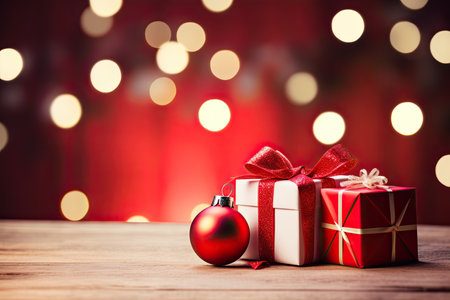 Christmas gift boxes and red ball on wooden table over bokeh backgroundの素材
