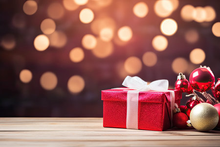 Christmas gift box and decoration on wooden table with bokeh backgroundの素材