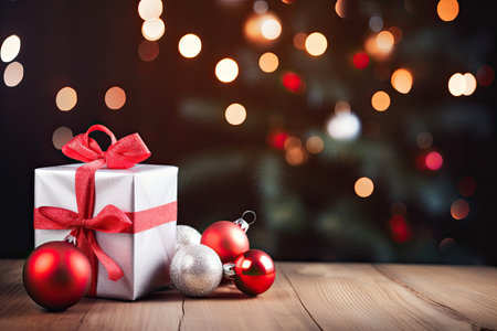 Christmas gift box with red ribbon and christmas balls on wooden tableの素材