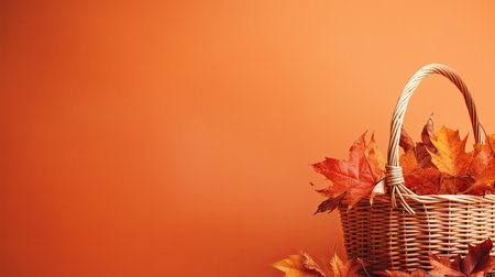Wicker basket with autumn leaves on orange background. Copy space for text.の素材