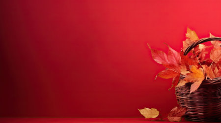 Autumn leaves in a basket on a red background with space for textの素材