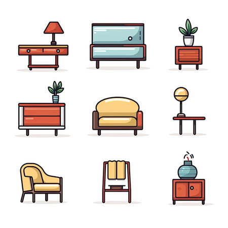 Furniture icons set in flat style. Furniture vector illustration.の素材