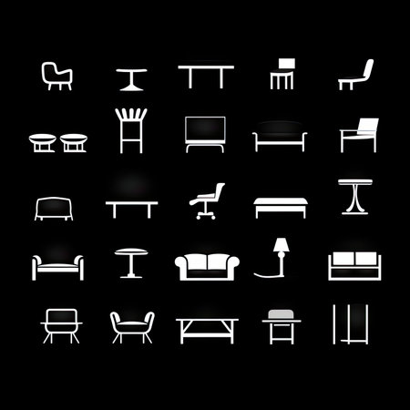 Furniture icons set. Vector illustration. White on black background.の素材