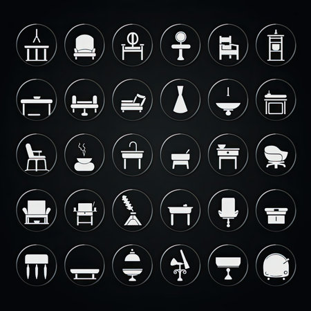 Furniture icons set on black background for graphic and web design. Simple vector sign. Internet concept symbol for website button or mobile appの素材