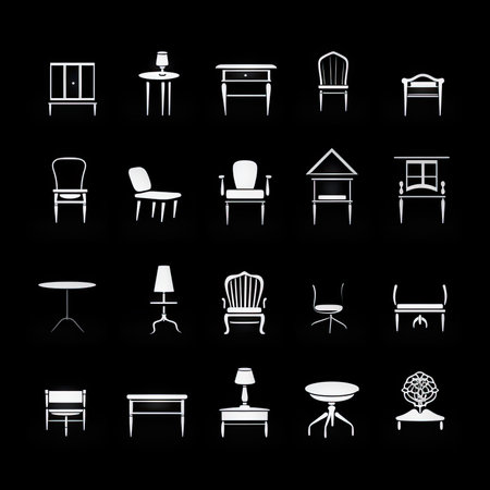 Furniture icons set. Vector illustration. White on black.の素材