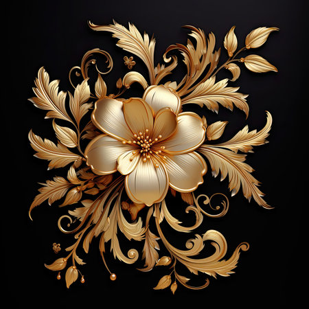 Vector illustration of gold floral ornament in baroque style on black background.の素材