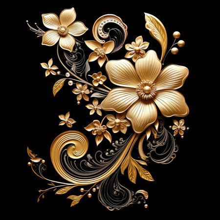 Illustration of floral ornament in vintage style on black background. Gold element for design.の素材