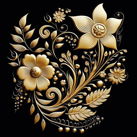 abstract floral ornament in russian folk style on a black backgroundの素材