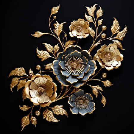 Golden floral ornament in retro style on black background. Element for design.の素材