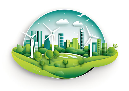 Ecology concept with green city and wind turbines. Vector illustration.の素材