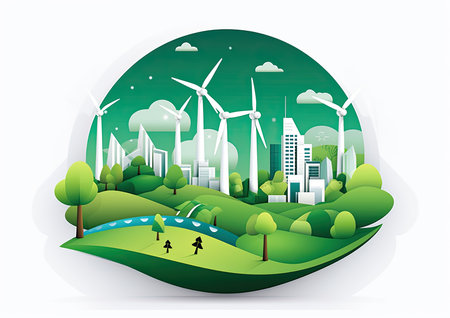 Ecology concept with green city and wind turbines. Vector illustration.の素材