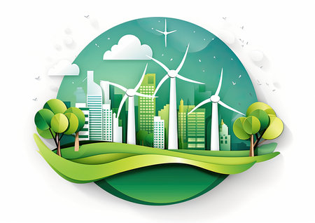 Ecology concept with green city and wind turbine. Vector illustration.の素材