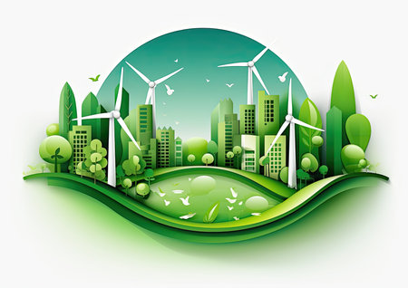 Ecology concept with green city and wind turbines. Vector illustration.の素材